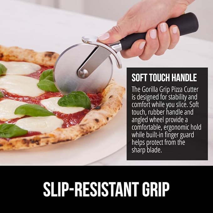 GORILLA GRIP BPA-Free Large Pizza Cutter Wheel, 9 Inch, Sharp Stainless Steel Blade, Slip Resistant Handle with Thumb Guard Protection, Slice Thick or Thin Pizzas, Pie, Pastries in Seconds, Black