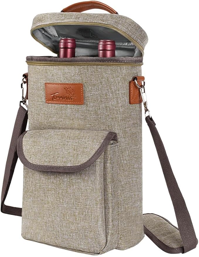 Tirrinia 2 Bottle Wine Gift Tote Carrier - Leakproof & Insulated with large pockets Wine Cooler Bag for Travel, Wine Tasting, Party, Dinner, Great Gift for Wine Lover