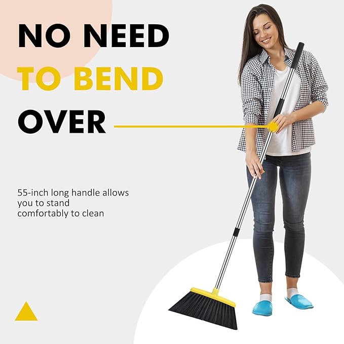 NACENA Heavy Duty Broom, 55 Inch Long Handle Outdoor Large Angle Brooms, Commercial Broom for Sweeping Indoor, for Home Garage Kitchen Office Courtyard Lobby Patio Lawn Concrete, 4 Pack (Black&Yellow)