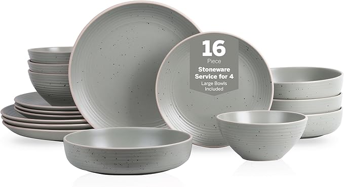 Stone Lain Lauren Stoneware, Rustic Plates and Bowls Set, Dinnerware, Service for 4, Speckled Green, Dishwasher & Microwave Safe, 16-Piece