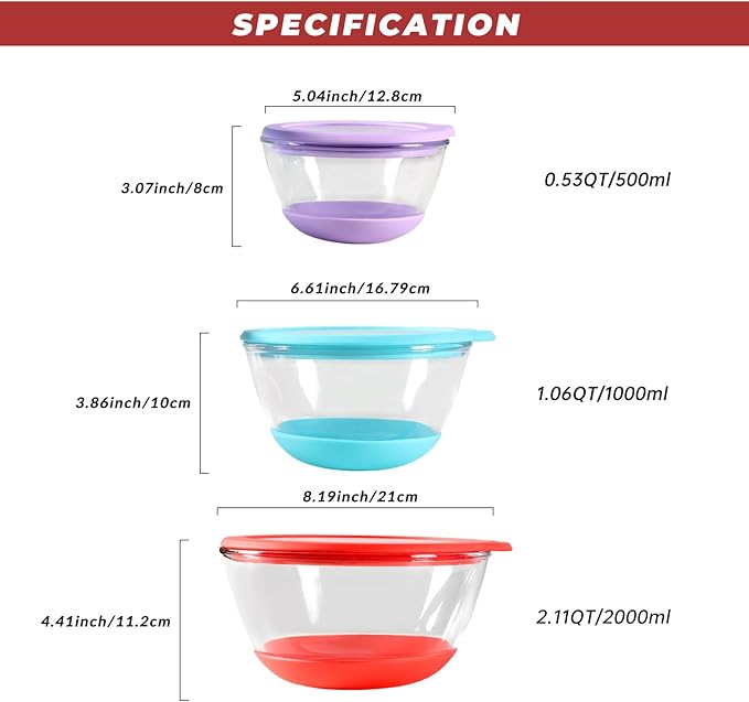 Glass Mixing Bowls Set of 3 with BPA-Free Airtight Lids, Large Nesting Bowls with Non-Slip Silicone Base, Ideal for Food Storage, Dishwasher & Microwave Safe, 2, 1, 0.5 QT Purple Blue Red