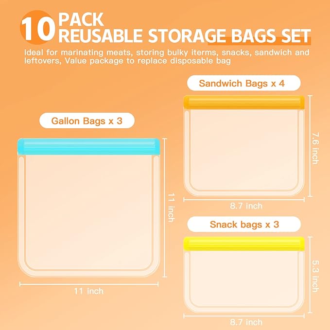 24 Pack Dishwasher Safe Reusable Silicone Bags - Leakproof Freezer Bags, BPA Free Food Storage for Lunch, Marinate, Travel - 8 Gallon, 8 Snack, 8 Sandwich Bags