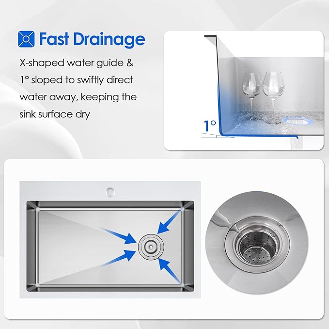 Kitchen Sink, 24x18 Inch Drop in Sink, Commercial Grade 304 Stainless Steel Kitchen Sink, Centre-Offset Drain, 9" Deep Single Bowl Kitchen Sinks, Brushed(Inclued Drain Strainer & Bottom Grid)