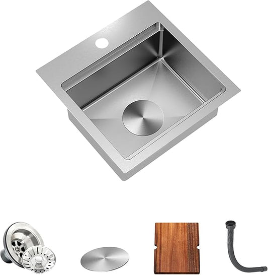 TORVA Kitchen Bar Sink, 15x15 inch RV Kitchen Sink, 16 Gauge Stainless Steel Topmount Single Bowl Sink with Cutting Board - 6 Inches Deep Bar/Prep Basin