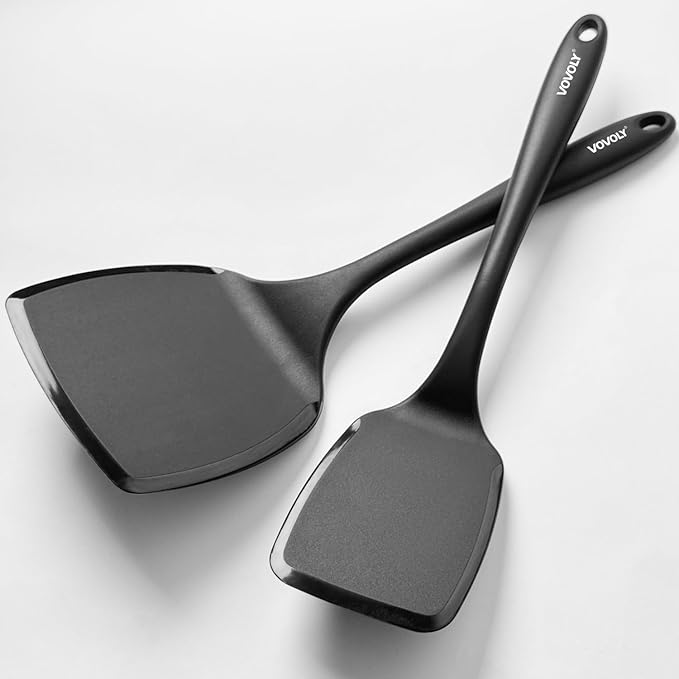 Large Size Silicone Spatula Set, 600°F Heat Resistant Silicone Spatula Turner Flipper for Cooking, Non Stick and Non Scratch Kitchen Utensils for Eggs & Pancakes, 2-Pack, Black