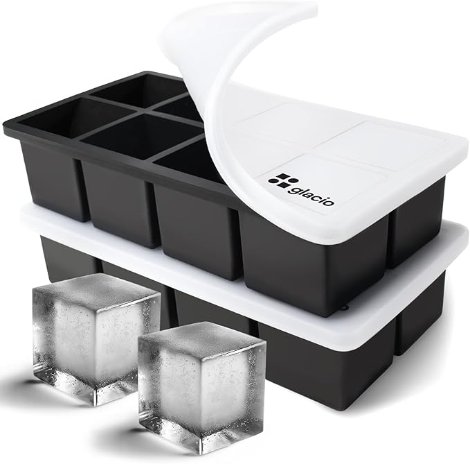 glacio Ice Cube Molds – 2-Pack Silicone Trays for 8 Large Square Cubes – Slow-Melt Ice for Whiskey, Cocktails, Coffee & More