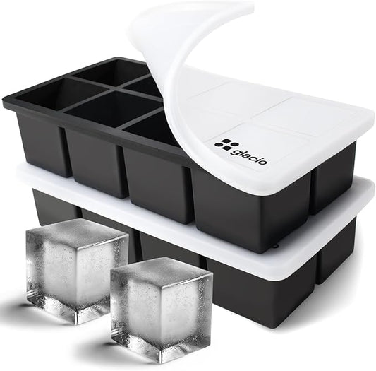 glacio Ice Cube Molds – 2-Pack Silicone Trays for 8 Large Square Cubes – Slow-Melt Ice for Whiskey, Cocktails, Coffee & More