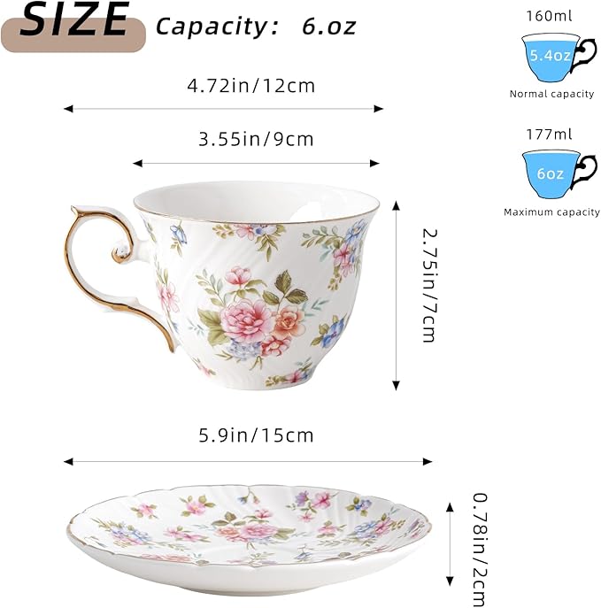 tea cups and saucers ceramic coffee mug 6oz for Coffee, Latte, Cafe Mocha and Tea-Set of 4, white with flowers
