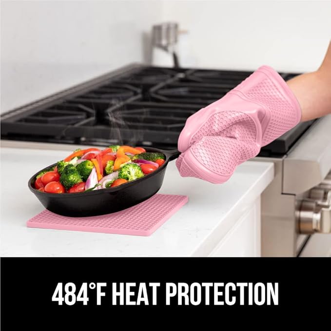 GORILLA GRIP BPA-Free Soft Silicone Oven Mitts and Pot Holders Sets of 4, Heat Resistant Waterproof Cooking Gloves, Thick Cotton Lining, Flexible Gripping for Baking Grilling, Kitchen Trivets, Pink