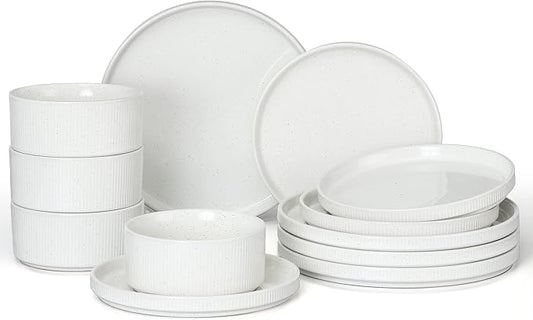 E-far 12-Piece Plates and Bowls Sets, Stoneware Dinnerware Dishes Sets for 4, Kitchen Modern Dining Dishware, Chip & Scratch Resistant, Microwave & Dishwasher Safe, Speckled White