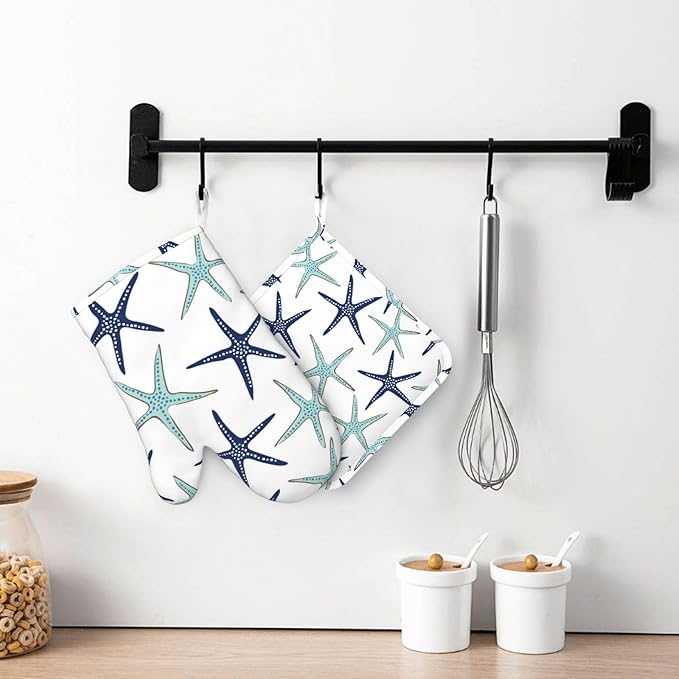 Sea Stars Oven Mitts and Pot Holders Set of 4 Silicone Navy Blue Turquoise Coastal Sea Stars Kitchen Mitten Gloves and Non-Slip Potholders Set Heat Resistant Oven Gloves Hot Holders for BBQ