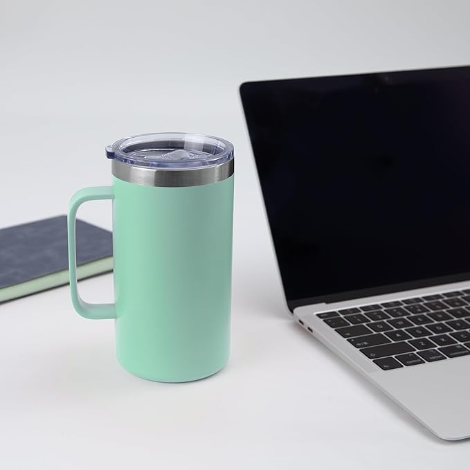 DOMICARE 24oz Mug with Handle and Lid, Stainless Steel Coffee Mug, Reusable Insulated Cup, Travel Mug with Handle, Double Wall Vacuum Coffee Tumbler for Men and Women, Mint Green, Pack 1