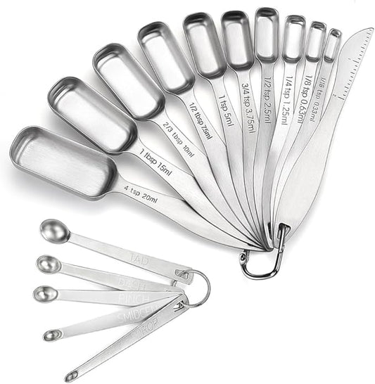 18/8 Stainless Steel Measuring Spoons Set of 16 Pieces, Includes 10 Narrow, 1 Leveler and 5 Mini Spoons