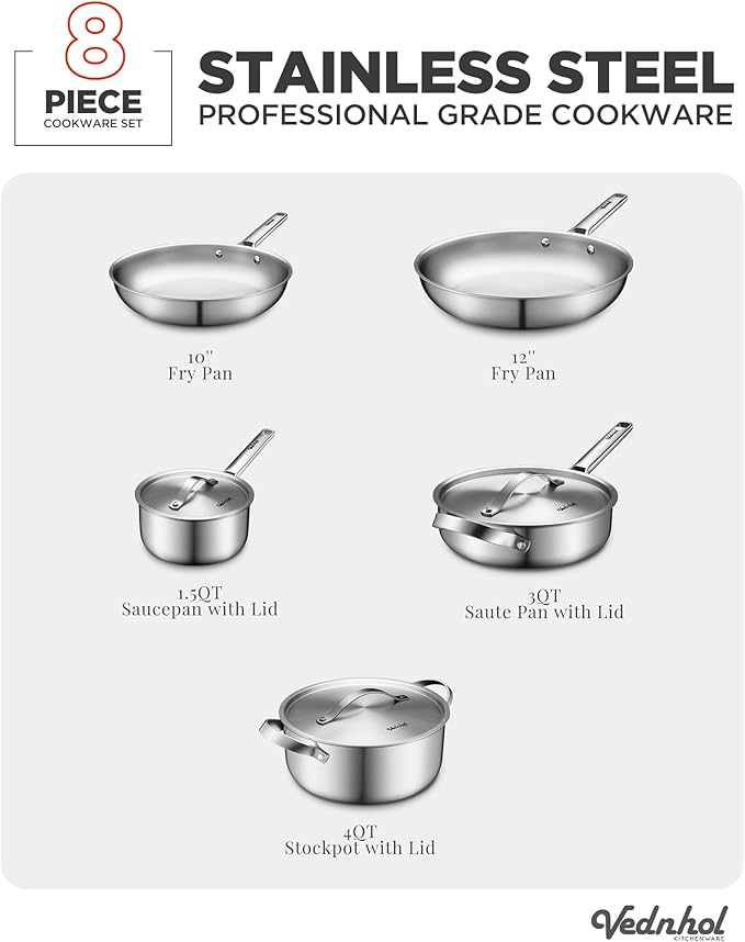 Stainless Steel Cookware Set, 8 Pcs Tir-Ply Pots and Pans Set, PFOA&PTFE Free, Dishwasher&Oven Safe, Kitchen Induction Compatible, ollas de acero inoxidable para cocinar