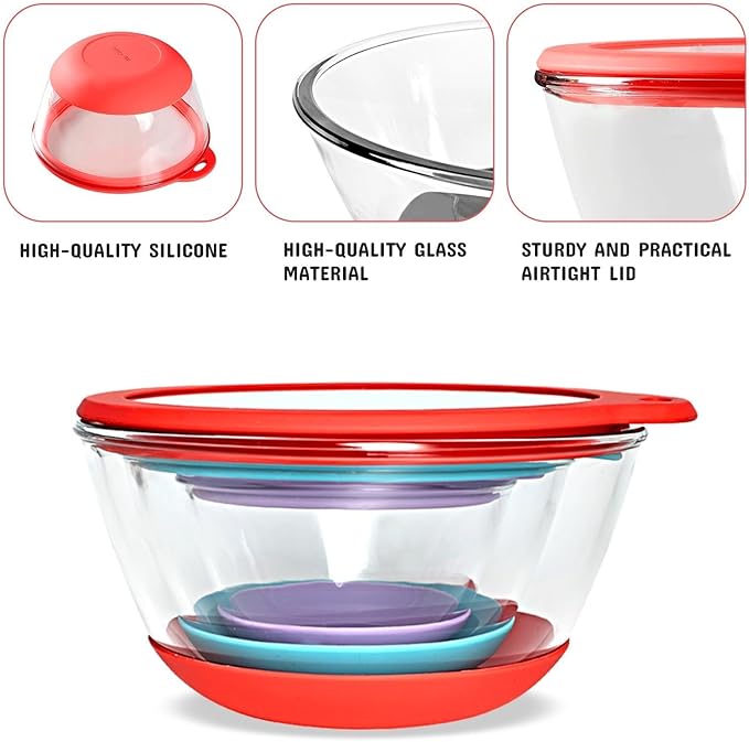 Glass Mixing Bowls Set of 3 with BPA-Free Airtight Lids, Large Nesting Bowls with Non-Slip Silicone Base, Ideal for Food Storage, Dishwasher & Microwave Safe, 2, 1, 0.5 QT Purple Blue Red