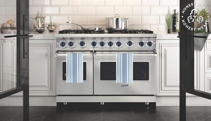 GOTS Certified Organic Cotton Kitchen Hand and Dish Towel Sets - Oversized 20x30 inches, Fully Hemmed, in Designer Colors, 6-Pack, Dusty Blue Stripe