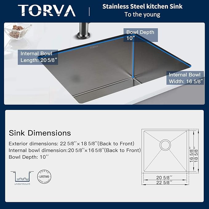 TORVA 22-Inch Undermount Kitchen Sink, Premium 304 Stainless Steel Bar Sink - 10 Inches Deep Basin Single Bowl Sink