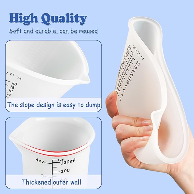 Silicone Measuring Cups Set 600ml/20oz Accurate Scale & 125ml/4.4oz Thickened Reusable Silicone Cups for Resin Molds Silicone Stirring Stick DIY Resin Art Craft Supplies Resin Accessories