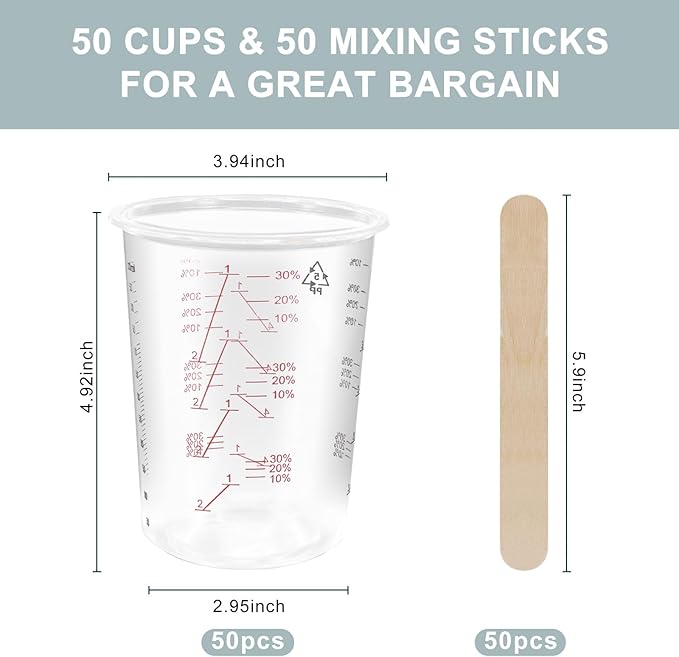 50-Pack Mixing Cups Set Paint Mixing Cups 20 oz (600ml) with 50 Wooden Sticks,Easy Measuring Ratios 2:1, 3:1, 4:1,Ideal for Epoxy Resin, Paint, and More