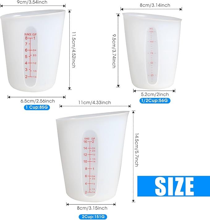 ZUYEE 3 PCS Silicone Measuring Cups (2 Cup + 1 Cup + 0.5 Cup) Flexible Melting Measure Cups for Chocolate,Epoxy Resin Butter, Squeeze Pour Baking Cup BPA Free with Marking ML/Ounce