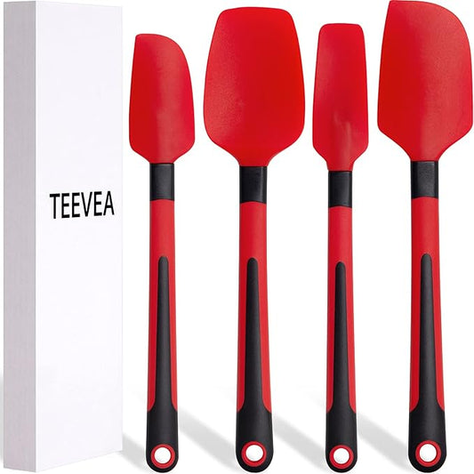 TEEVEA Silicone Spatula for Cooking Baking Mixing, Heat Resistant Non-Stick Dishwasher Safe BPA-Free Kitchen Utensils, Set of 4, Red and Black