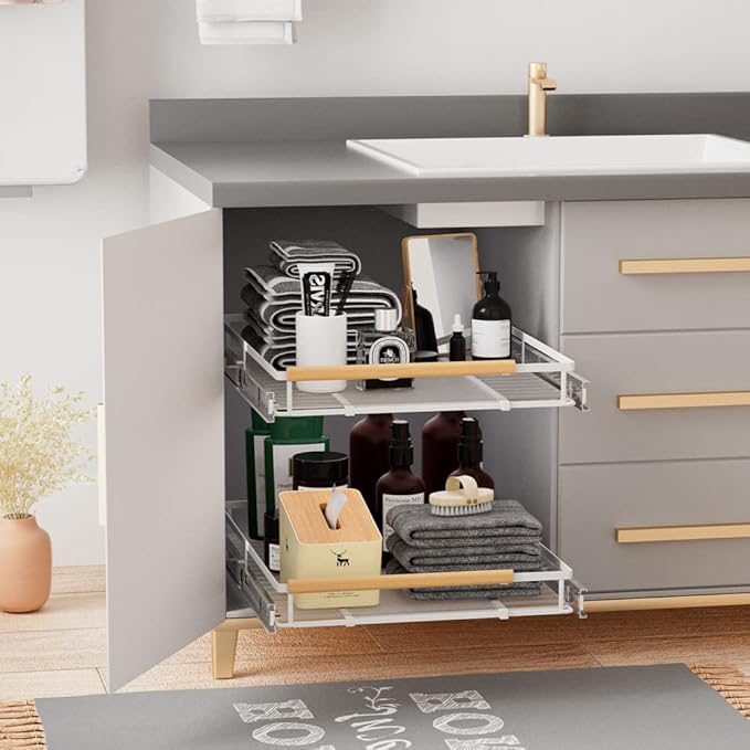 Expandable Sliding Basket Drawer, Pull-Out Cabinet Organizer, Heavy Duty Slide Out Pantry Shelves for Kitchen, Under Sink, Bathroom, Wardrobe, 22''D