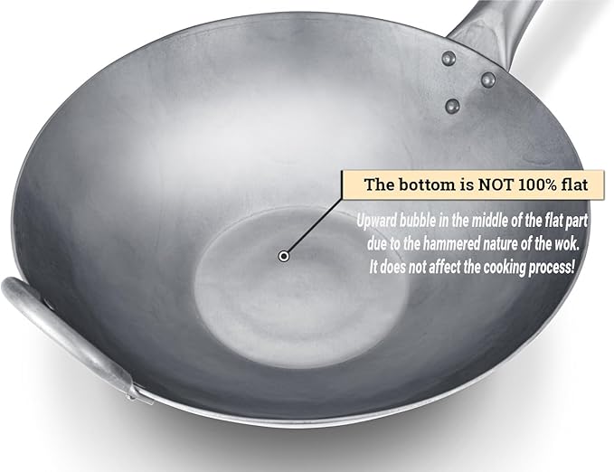 Craft Wok Flat Hand Hammered Carbon Steel Pow Wok with Wooden and Steel Helper Handle (12 Inch, Flat Bottom) / 731W316-12in