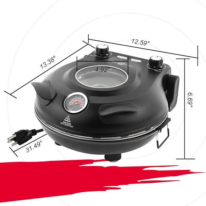 KLAIF 12" Electric Countertop Pizza Oven With Ceramic Stone, Dual Adjustable Temperature Control, Includes 4 Pizza Tools, LMC-Black