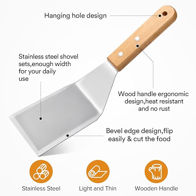 Metal Spatula Set,Fish Griddle Spatulas,Stainless Steel Spatula Turner with Wooden Handle,Small Wide Beveled Edges Spatulas Flippers for Cast Iron Skillet, Pancake, Egg, Burger, Omelet, 2 Pack