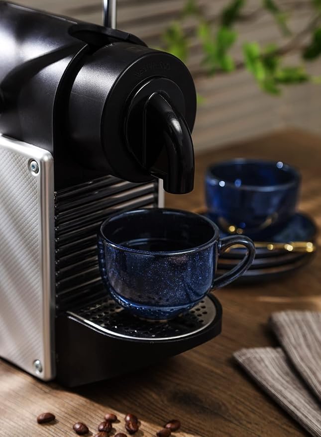 vicrays Ceramic Espresso Coffee Cups Set 4 oz Porcelain Espresso Cups with Saucers Spoons and Metal Stand for Tea Cafe Cappuccino Latte - Set of 6 - Blue