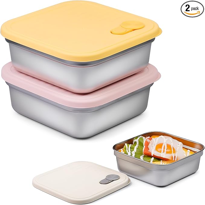 2 Pack Sandwich Containers, 20oz Stainless Steel Sandwich Box with Lids, Reusable Metal Meal Prep Lunch Boxes, BPA-Free, Dishwasher Safe, Food Storage Containers for Snacks & Fruits (Yellow, Pink)