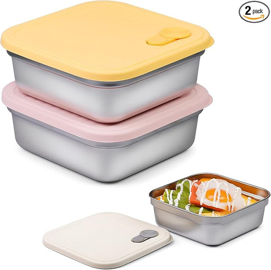 2 Pack Sandwich Containers, 20oz Stainless Steel Sandwich Box with Lids, Reusable Metal Meal Prep Lunch Boxes, BPA-Free, Dishwasher Safe, Food Storage Containers for Snacks & Fruits (Yellow, Pink)