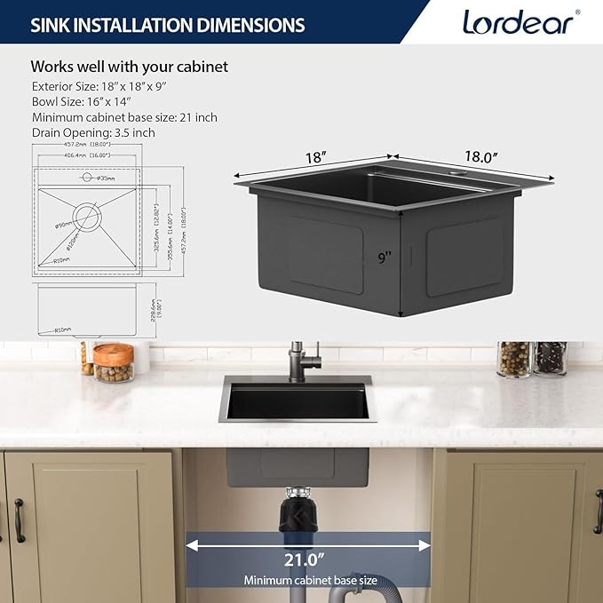 Lordear Black Bar Sink 18 Inch Drop In Kitchen Sinks Topmount Pre Bar Sink 16 Gauge Stainless Steel Single Bowl 18x18x9 Inch RV Small Kitchen Sinks