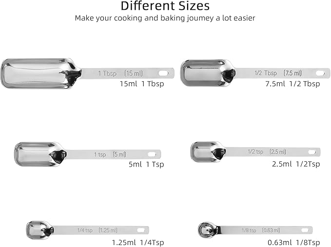 6-Piece Measuring Spoons Set, Stainless Steel, Long Handle, Nesting, 1/8 Teaspoon to 1/4 Cup