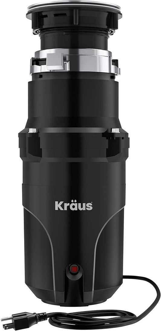 KRAUS WasteGuard 1/2 HP Continuous Feed Ultra-Quiet Motor Garbage Disposal with Quick Connect Mount, Power Cord and Flange Included, KWD110-50MBL