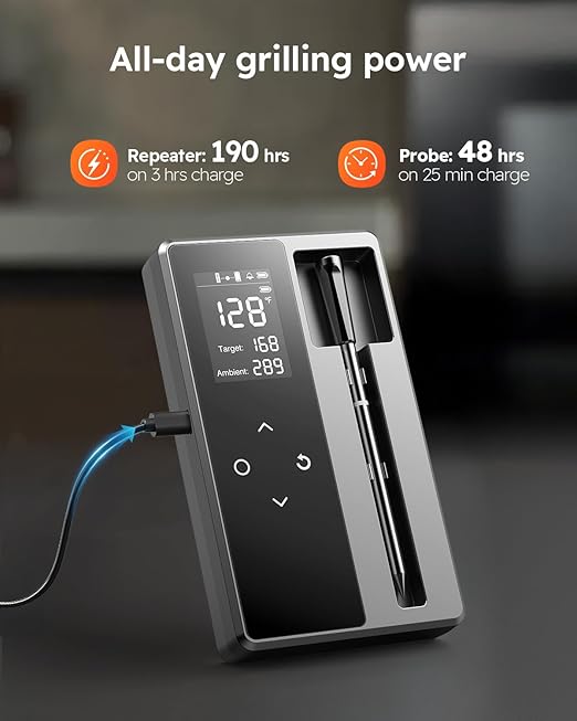 Smart Wireless Meat Thermometer with Ultra-Thin Probe, Digital Food Thermometer 0.5S Instant Read, 600FT Bluetooth Range Real-Time Monitoring & Smart Alerts for BBQ, Grill, Smoker, Oven, Air Fryer