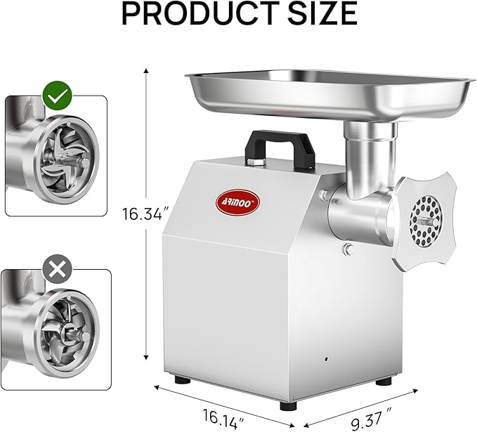 Electric Meat Grinder #12, 1.0 HP Heavy Duty Stainless Steel Meat Mincer, 2400W Max, Includes 2 Blades, 2 Plates & 3 Sausage Stuffing Tubes, Meat Grinder for Home Kitchen & Restaurant Use