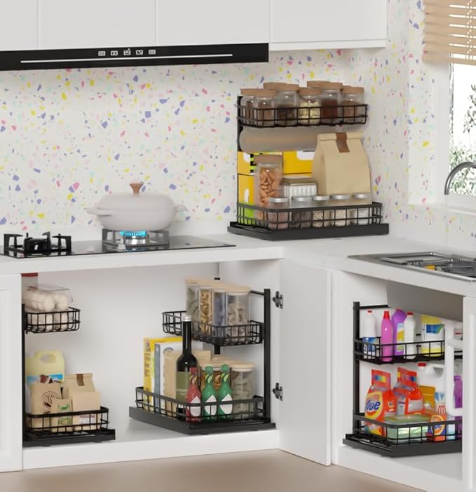 Under Sink Organizer, Adjustable Height Pull-Out Kitchen Storage Organization,15.8" x 11.8" x 16.5",2-Tier Kitchen Shelf,Bathroom Drawer Organizer, Black