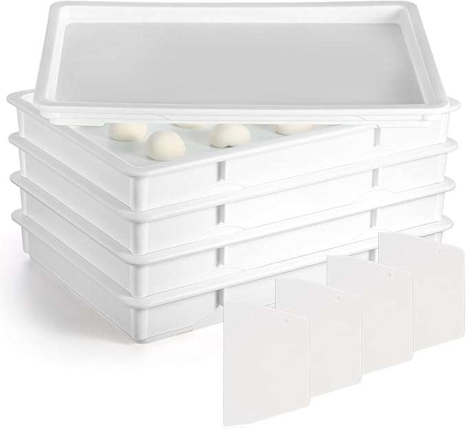 Tioncy 4 Pcs Pizza Dough Proofing Box Dough Container Stackable Trays with Lids Pizza Storage Container Collapsible for Storage Safekeeping, 25.98'' x 17.91'' x 3.23'', 4 Trays and 1 Covers