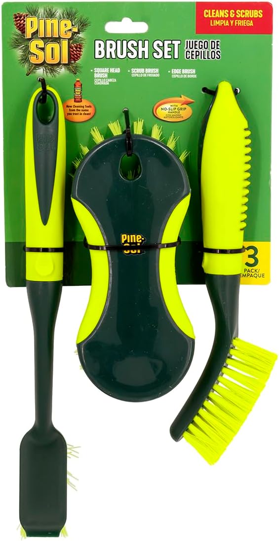 Pine-Sol Scrub Brush Set - Long Handle Cleaning Brushes with Heavy Duty Bristles and Comfort Grip - Scrubbers for Kitchen, Household, and Dishwashing, 3 Pieces