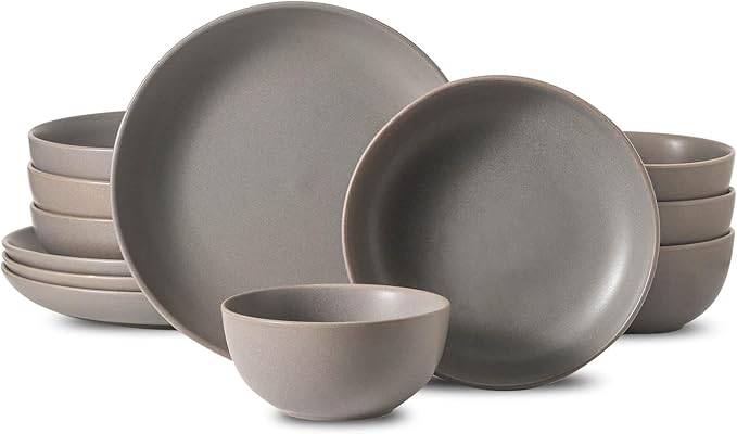 Dinnerware Sets for 4, 12 Pieces Stoneware Plates and Bowls Sets, Ceramic Dishes Set of 4, Scratch Resistant Dishware Sets, Dishwasher & Microwave Safe, Grey