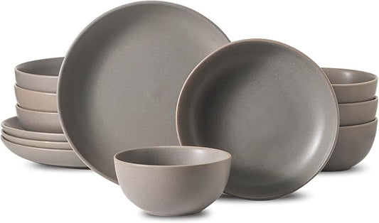 Dinnerware Sets for 4, 12 Pieces Stoneware Plates and Bowls Sets, Ceramic Dishes Set of 4, Scratch Resistant Dishware Sets, Dishwasher & Microwave Safe, Grey