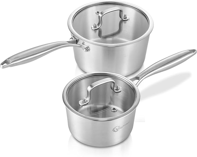 LOLYKITCH Whole Body Tri-Ply Stainless Steel Saucepan Set of 2,Induction Pots Set,Dia.16CM & 20CM Saucepans with Lids,Oven and Dishwasher Safe.（1.5QT & 3QT）