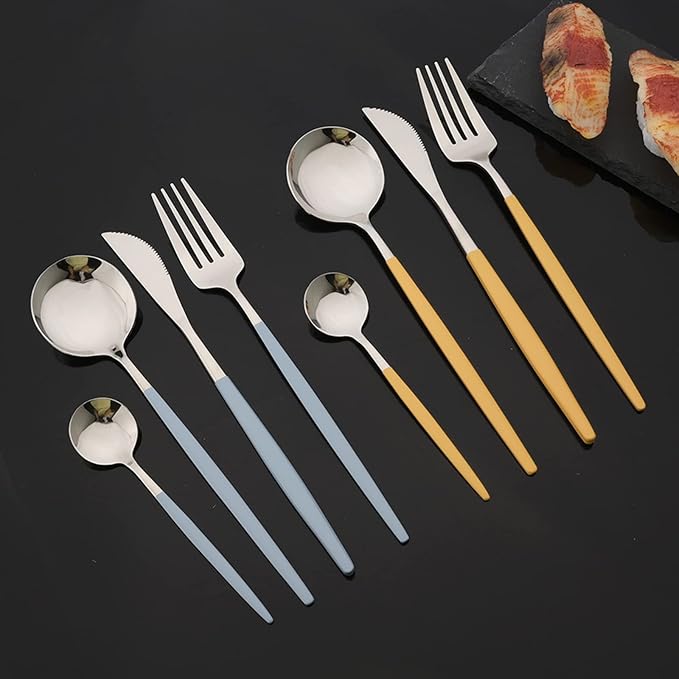 JASHII Flatware Set 24 Piece, Stainless Steel Silverware Set, Macaron Small Fresh Color Cutlery Set, Modern Elegant Tableware Set for Party, Christmas, Dinner (Yellow Silver)