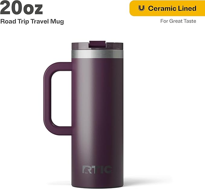 RTIC 20oz Road Trip Travel Mug with Lid and Handle, Ceramic Lined, Insulated, Stainless Steel, Metal, Double Wall Vacuum-Insulation, Portable Coffee, Tea Cup for Hot and Cold Drink, Plum
