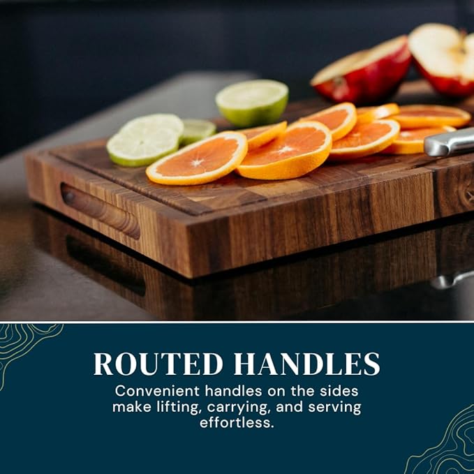 Handmade Walnut Cutting Board with Juice Groove and Handles – Includes Natural Wood Seasoning Wax – Premium Wooden Chopping Board Gift Set