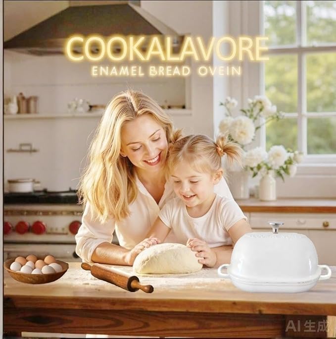 Cast Iron Bread Oven,6 QT Bread Oven,Thick Enameled Loaf Pan with Lid,Bread Pans for Homemade Bread,14.5"Dutch Oven for Bread Baking,Dutch Oven-with Silicone Baking Mat&Recipe,Gifts for Family,White