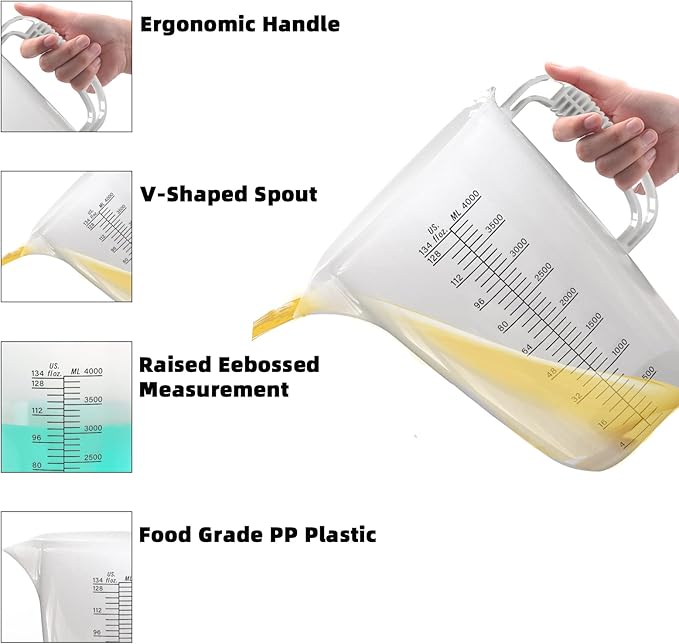 Luvan 1 Gallon Measuring Pitcher, Large Measuring Cup with Spout and Handle, 134oz Plastic measuring pitcher with Conversion Chart, 1 Gallon Measuring Container for Motor Oil, Chemicals, Pools, Lawns