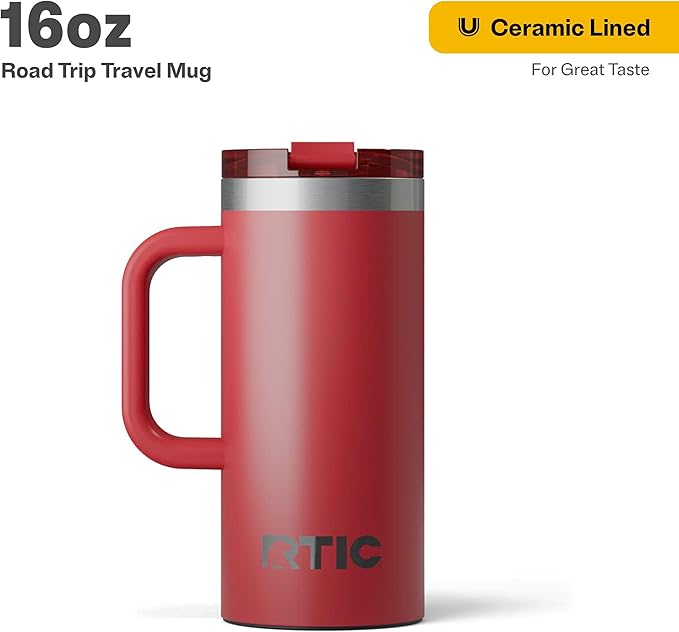 RTIC 16oz Road Trip Travel Mug with Lid and Handle, Ceramic Lined, Insulated, Stainless Steel, Metal, Double Wall Vacuum-Insulation, Portable Coffee, Tea Cup for Hot and Cold Drink, Flag Red