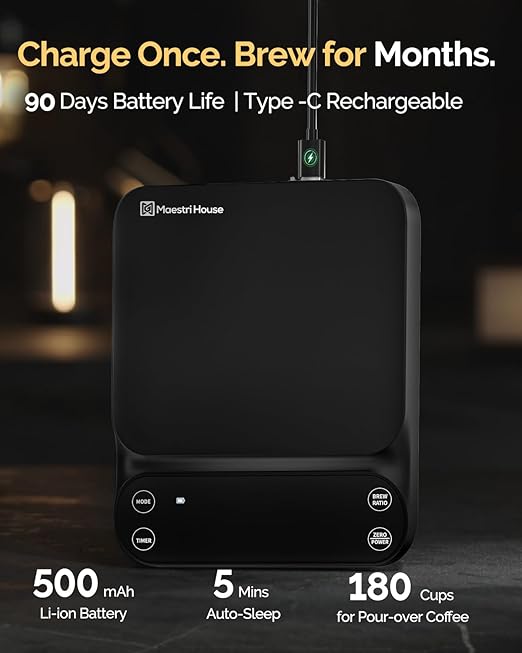 Maestri House S3 Coffee Scale with Timer, 3kg/0.1g Rechargeable Digital Scale, 3 Brew Modes, Adjustable Ratios & Flow Rate Display, Barista-Grade for Pour-Over, Espresso, French Press – Black